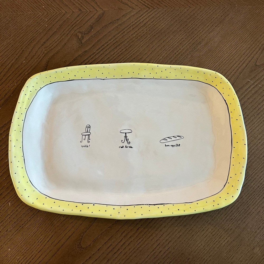 Rae Dunn Magenta French Bistro Ceramic Serving Platter Green Polka Dot 15x10